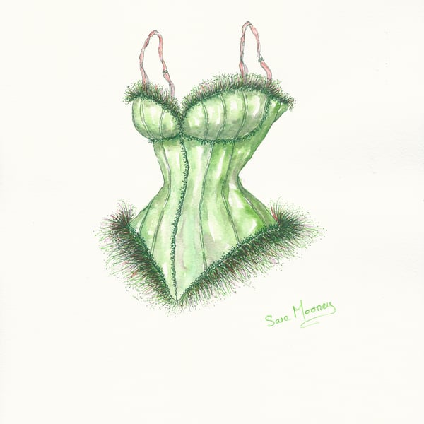 Corset watercolour painting in emerald green 