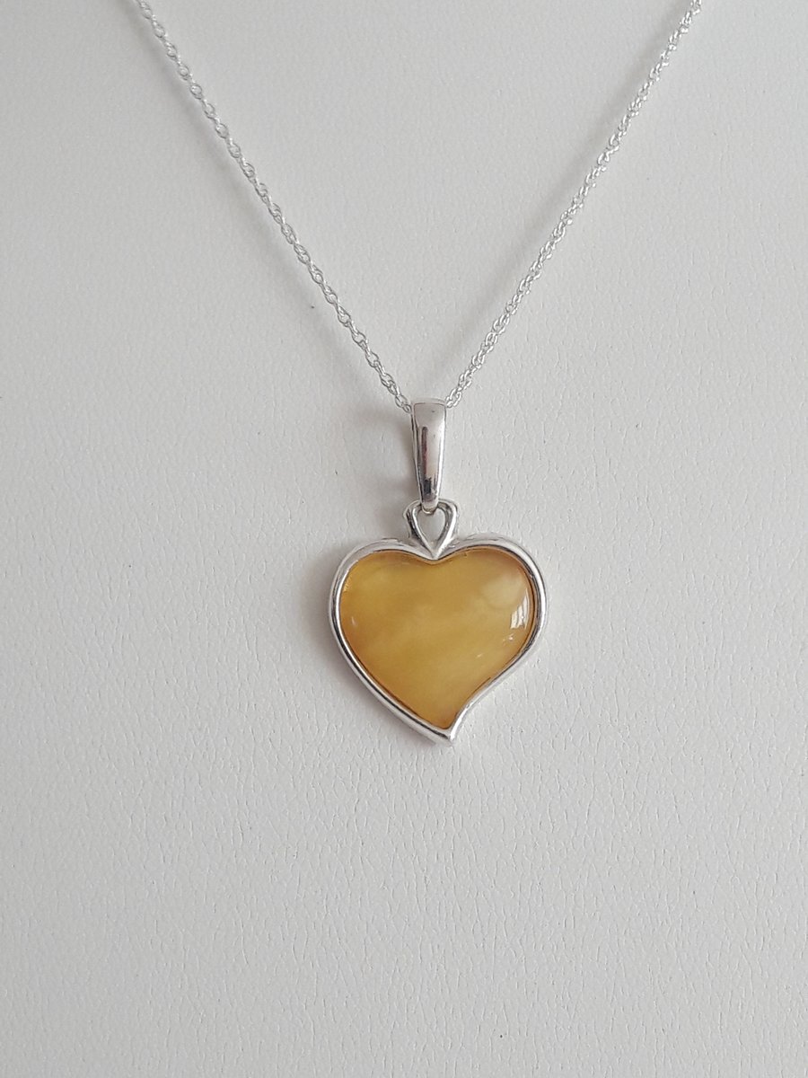 Amber Milky White Heart and Sterling Silver Necklace. Rare Baltic Amber, Gift