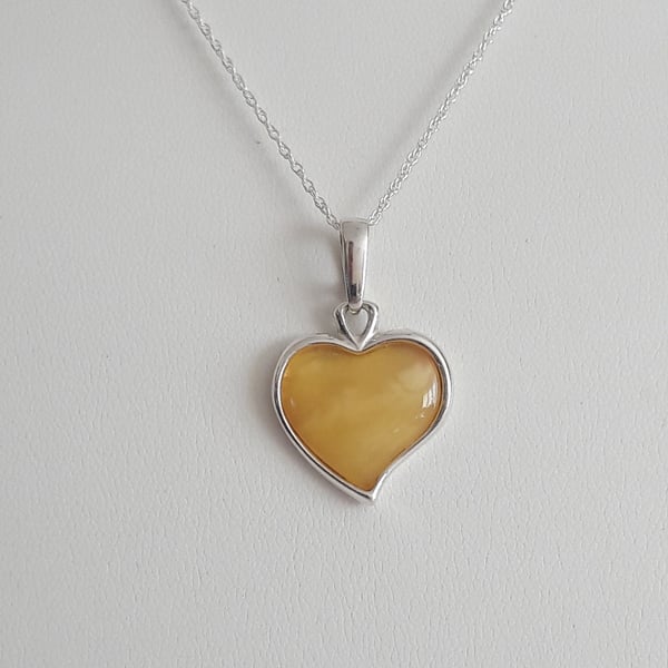 Amber Milky White Heart and Sterling Silver Necklace. Rare Baltic Amber, Gift