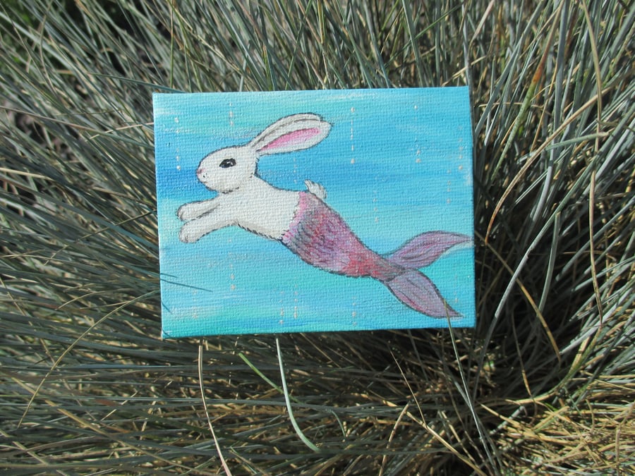Merbunny Mermaid Bunny Rabbit Picture Canvas Art Painting White Fish Ocean Sea