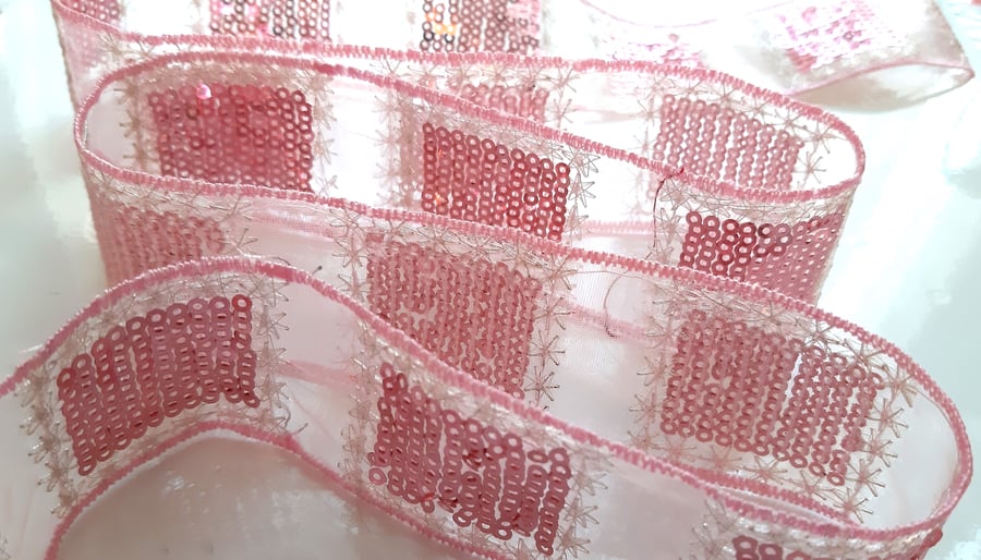1 metre pink sequinned trim, pink organza ribbon, sequinned ribbon