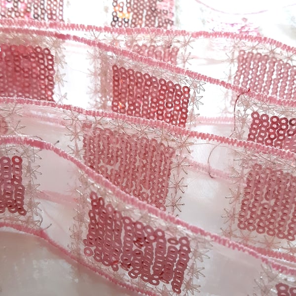 1 metre pink sequinned trim, pink organza ribbon, sequinned ribbon