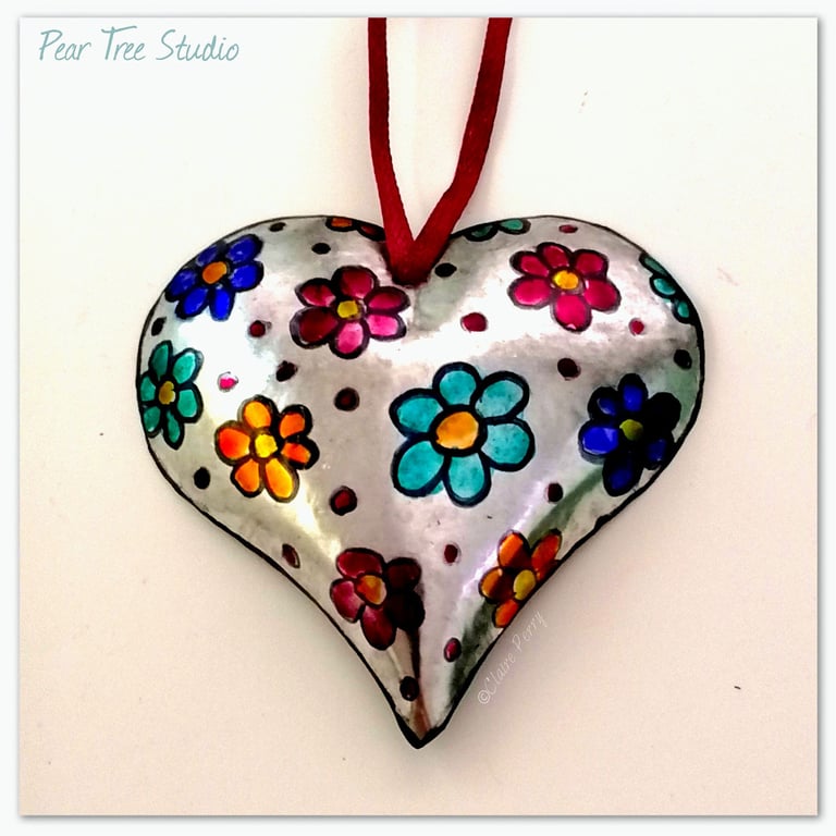 Small Metal Heart Decoration with a multi coloured flower pattern. Handmade.