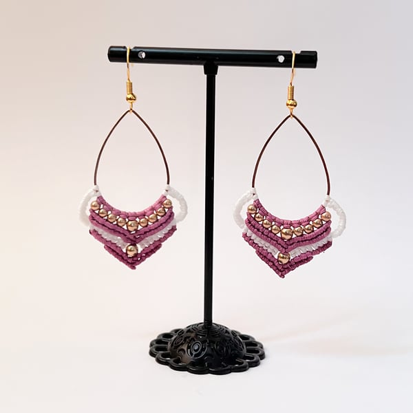 Earrings Macrame Tear Shaped - White & Pink FREE UK P&P