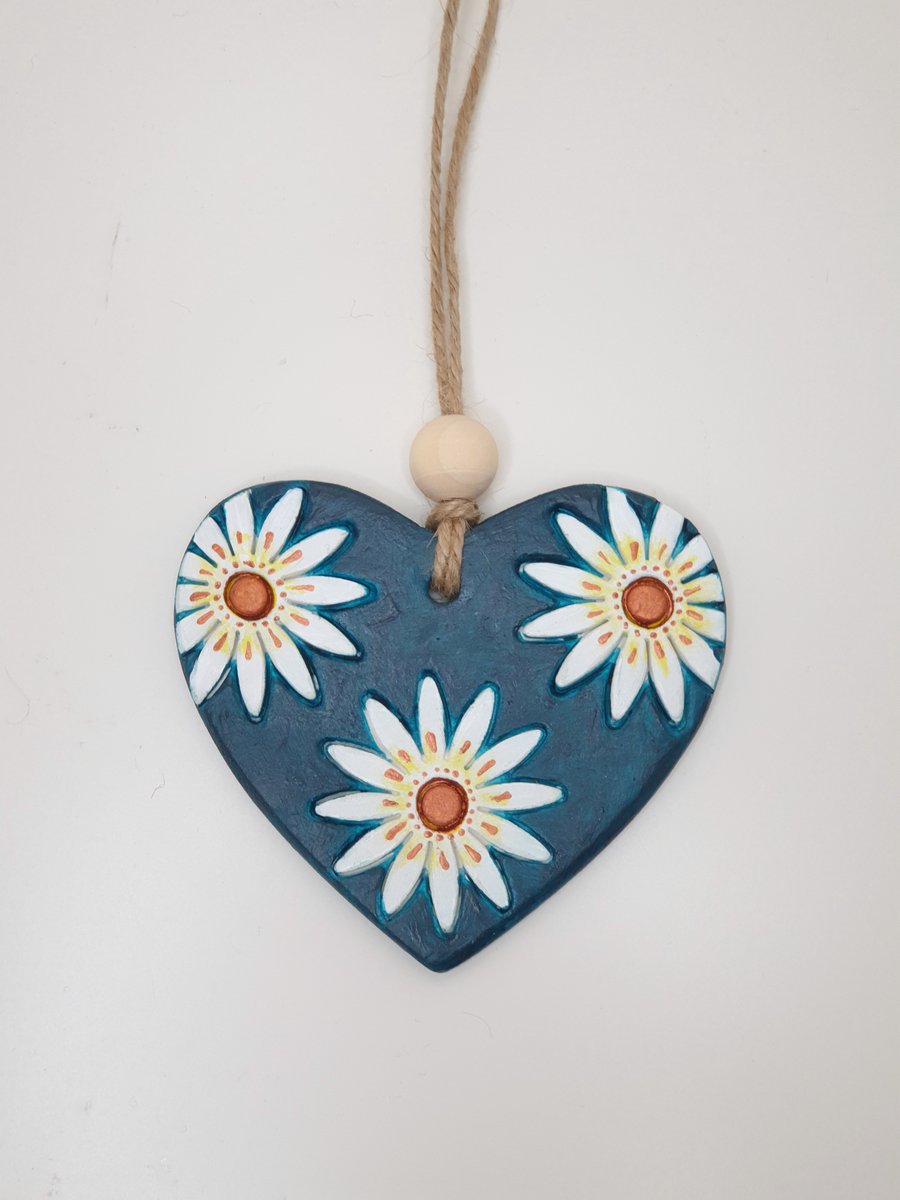 Floral Clay turquoise heart, pretty hanging decoration gift for the home