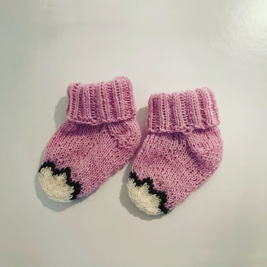 Hand knit baby girl newborn pink bear alpaca merino wool socks booties 