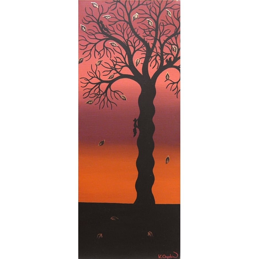 Autumn Tree Canvas Art - original painting of tree silhouette with squirrels