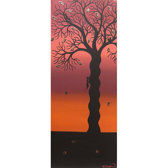 Autumn Tree Canvas Art - original painting of tree silhouette with squirrels
