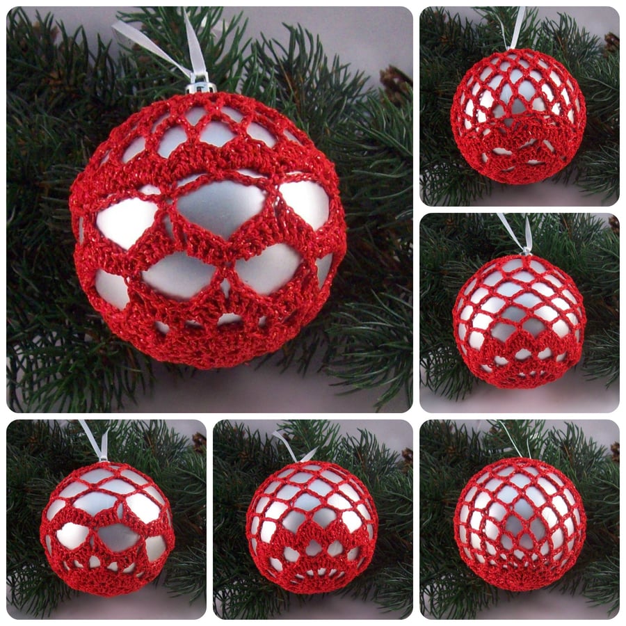 Christmas baubles boxed set of 6 large decorated with crochet lace (A35)