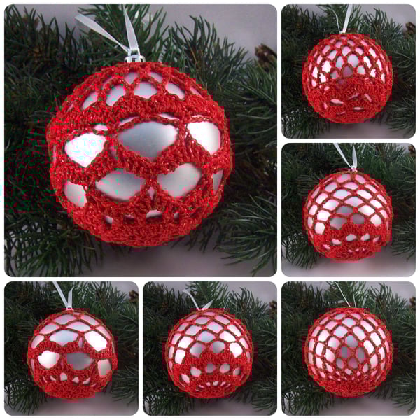 Christmas baubles boxed set of 6 large decorated with crochet lace (A35)