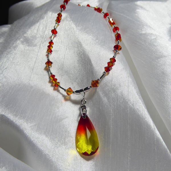 Sterling Silver and Swarovski Fire Opal Crystal Necklace with Teardrop Pendant