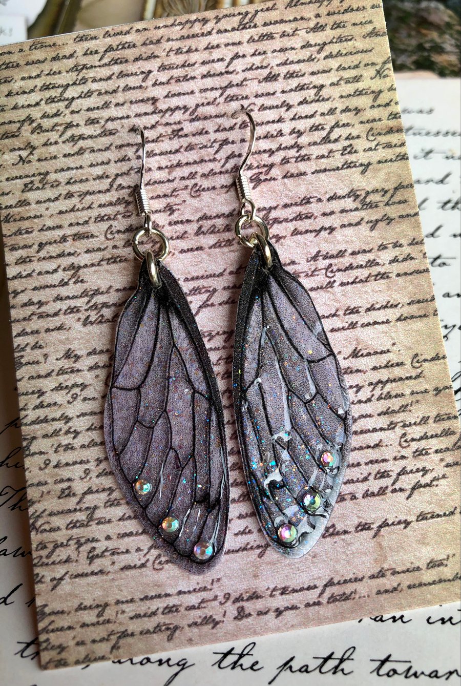Black Veined Pale Grey Aurora Borealis Sterling Silver Fairy Wing Earrings