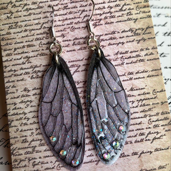 Black Veined Pale Grey Aurora Borealis Sterling Silver Fairy Wing Earrings