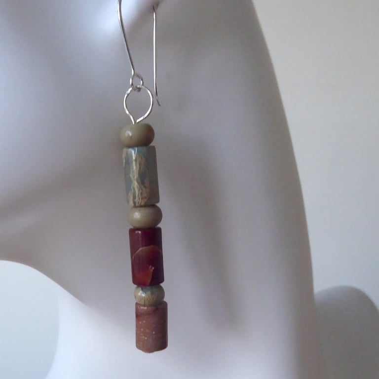 Pair of Sterling Silver & "Onyx Marble" (Jasper) Gemstone Earrings