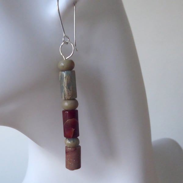 Pair of Sterling Silver & "Onyx Marble" (Jasper) Gemstone Earrings