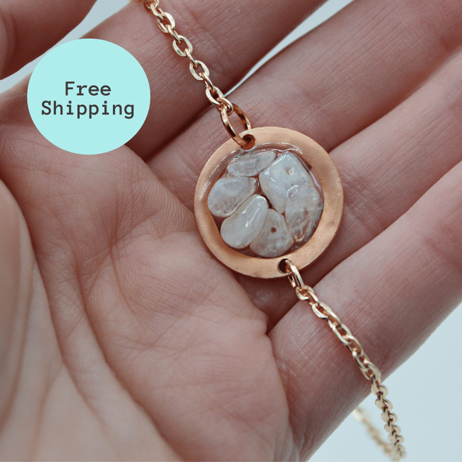 Rainbow Moonstone Copper Geode Bracelet - Free Postage
