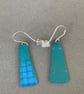 Enamel drop earrings, Teal with blue squares - silver hooks - Image 3