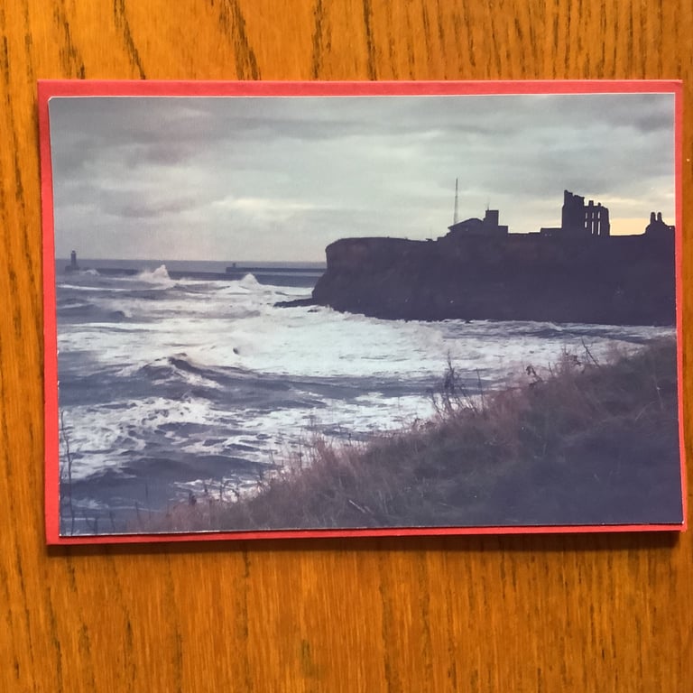 Handmade photo card of rough sea around Tynemouth Priory