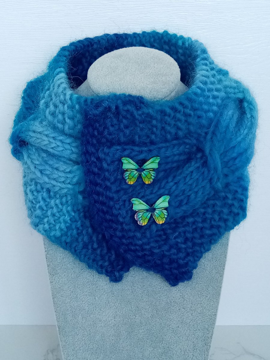 Cable Knit Neck Warmer for Kids 100% Pure Wool, Blue Scarf, Butterfly Buttons 