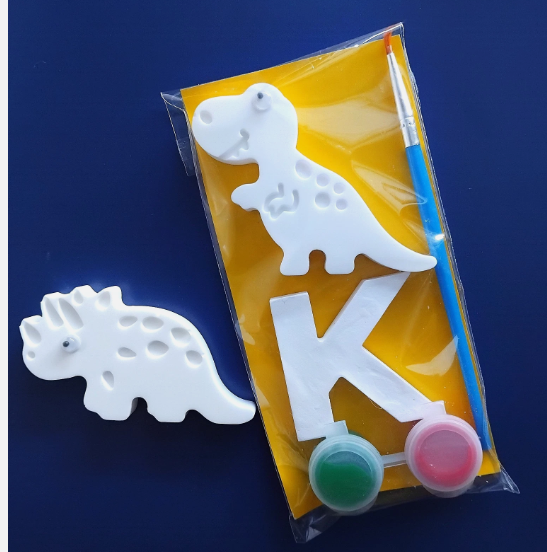 Paint your own Initial and Dino plaster shape, party bag activity, party favour 