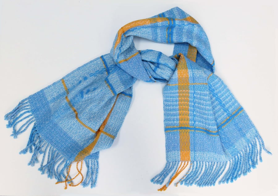 Handwoven blue and yellow scarf