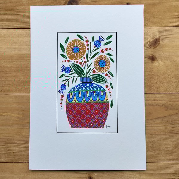 Folk art floral painting, original acrylic A5 colourful art