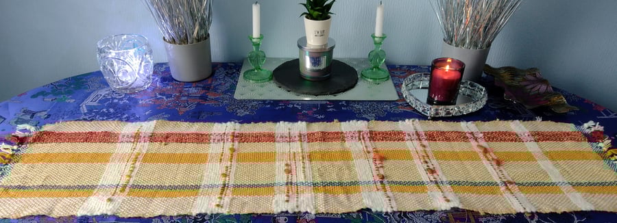 Hand Woven Check Cream Gold Red Table Runner Altar Cloth