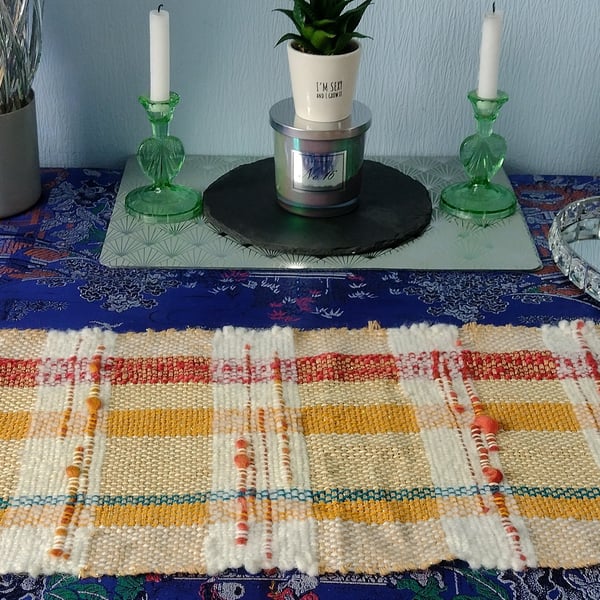 Hand Woven Check Cream Gold Red Table Runner Altar Cloth