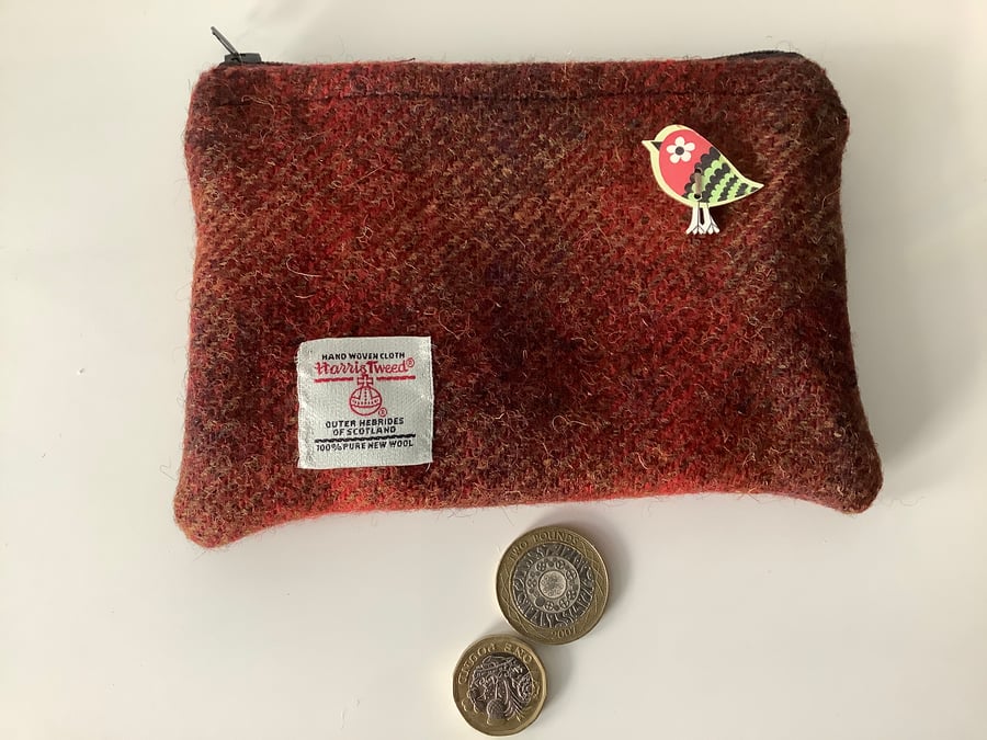 Shades of Red Harris Tweed coin purse ,Zip pouch