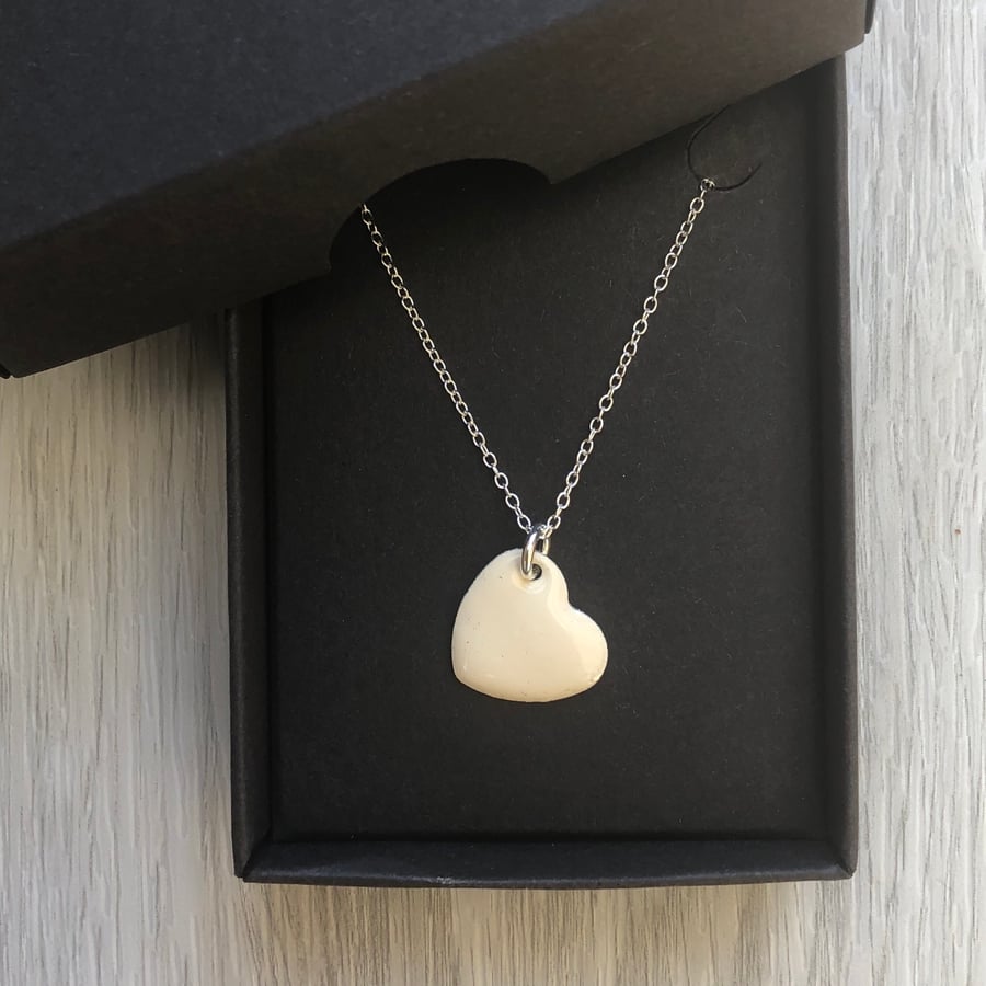 Cream enamel heart necklace. Sterling silver necklace 