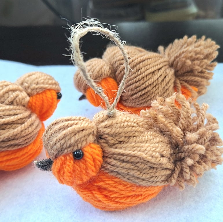 Scented, hanging yarn robin Christmas decoration ornament on a hemp cord 