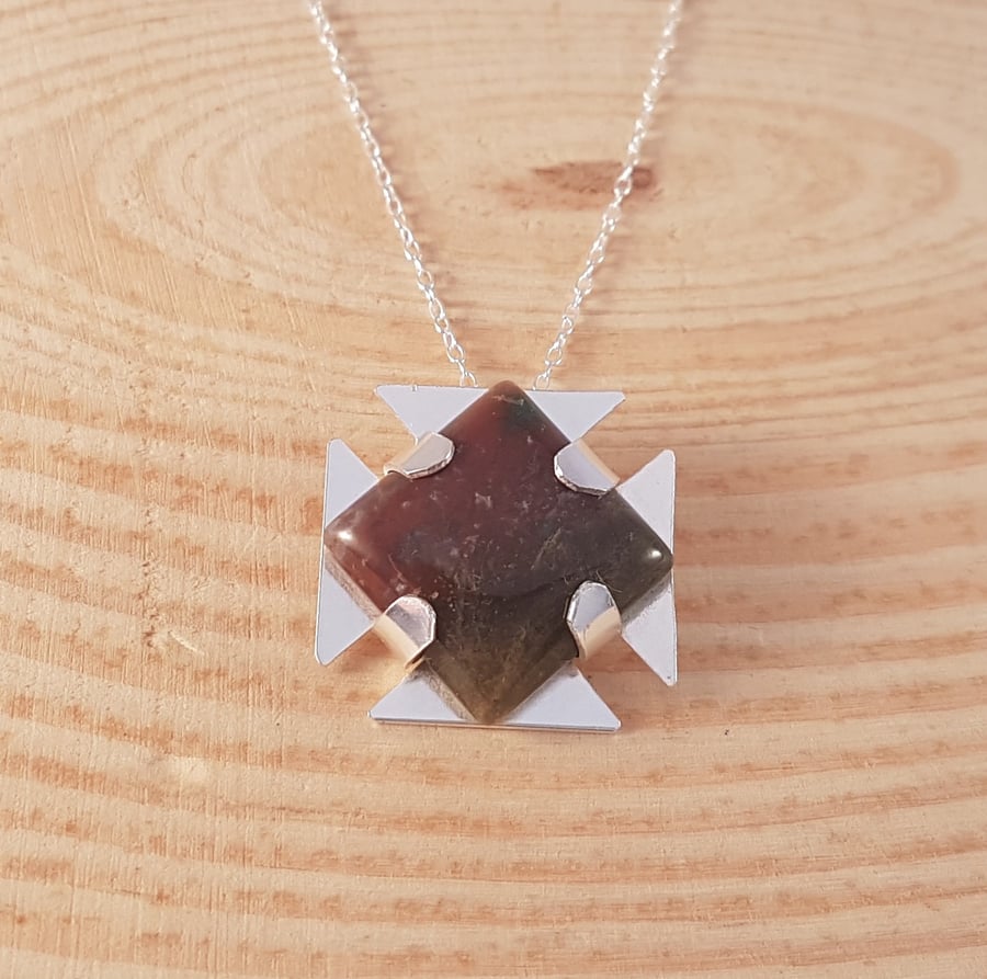 Sterling Silver and Square Agate Cross Necklace