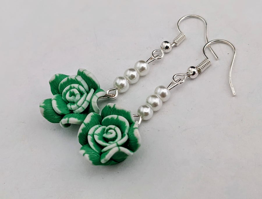 Green and white Fimo rose earrings