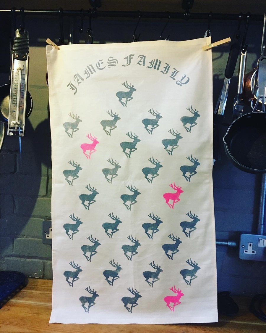 Bespoke Stag Deer Christmas Hand Printed Tea Towel Cotton family name