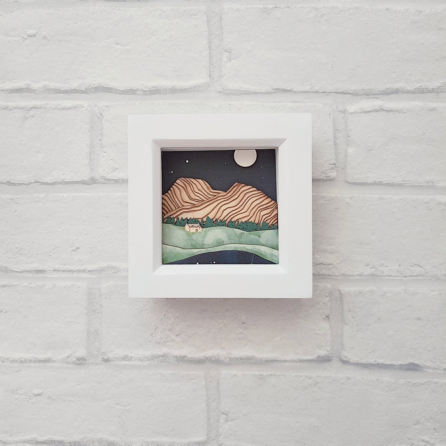 House in the Hills Picture, Miniature Scottish Wilderness Mountains Shadow Box 