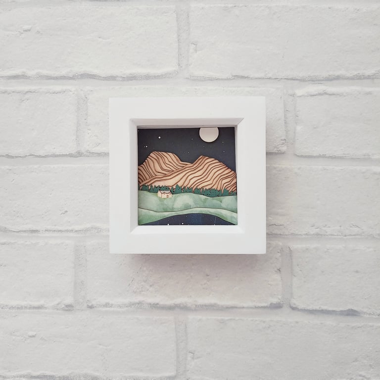 House in the Hills Picture, Miniature Scottish Wilderness Mountains Shadow Box 