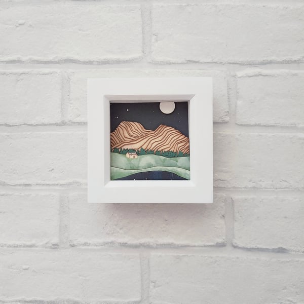 House in the Hills Picture, Miniature Scottish Wilderness Mountains Shadow Box 
