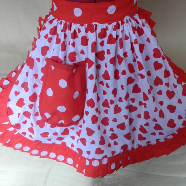 Vintage 50s Style Half Apron Pinny - Red & White - Hearts