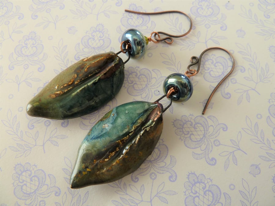 lampwork, copper and ceramic leaf earrings