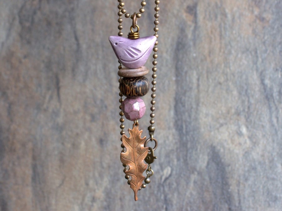 Artisan Ceramic & Copper Leaf Necklace. Mixed Media Necklace. Purple Necklace