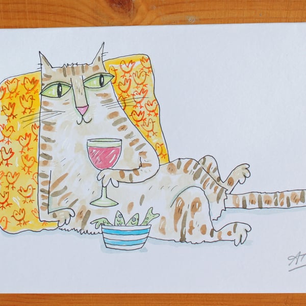 TV Dinner Cat Watercolour Pen Ink Illustration Painting Original 