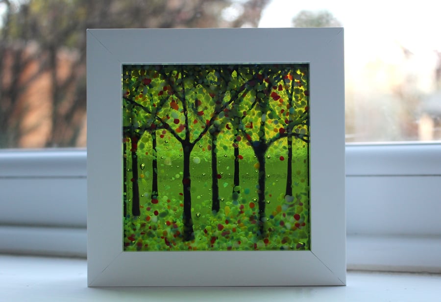 Seconds Sunday 10cm x 10cm Amazing Fused Glass Woodland Picture 'Spring Glow'