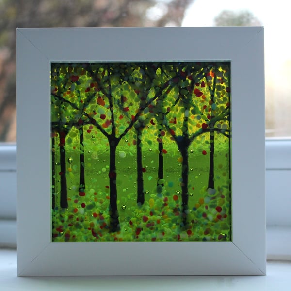 Seconds Sunday 10cm x 10cm Amazing Fused Glass Woodland Picture 'Spring Glow'