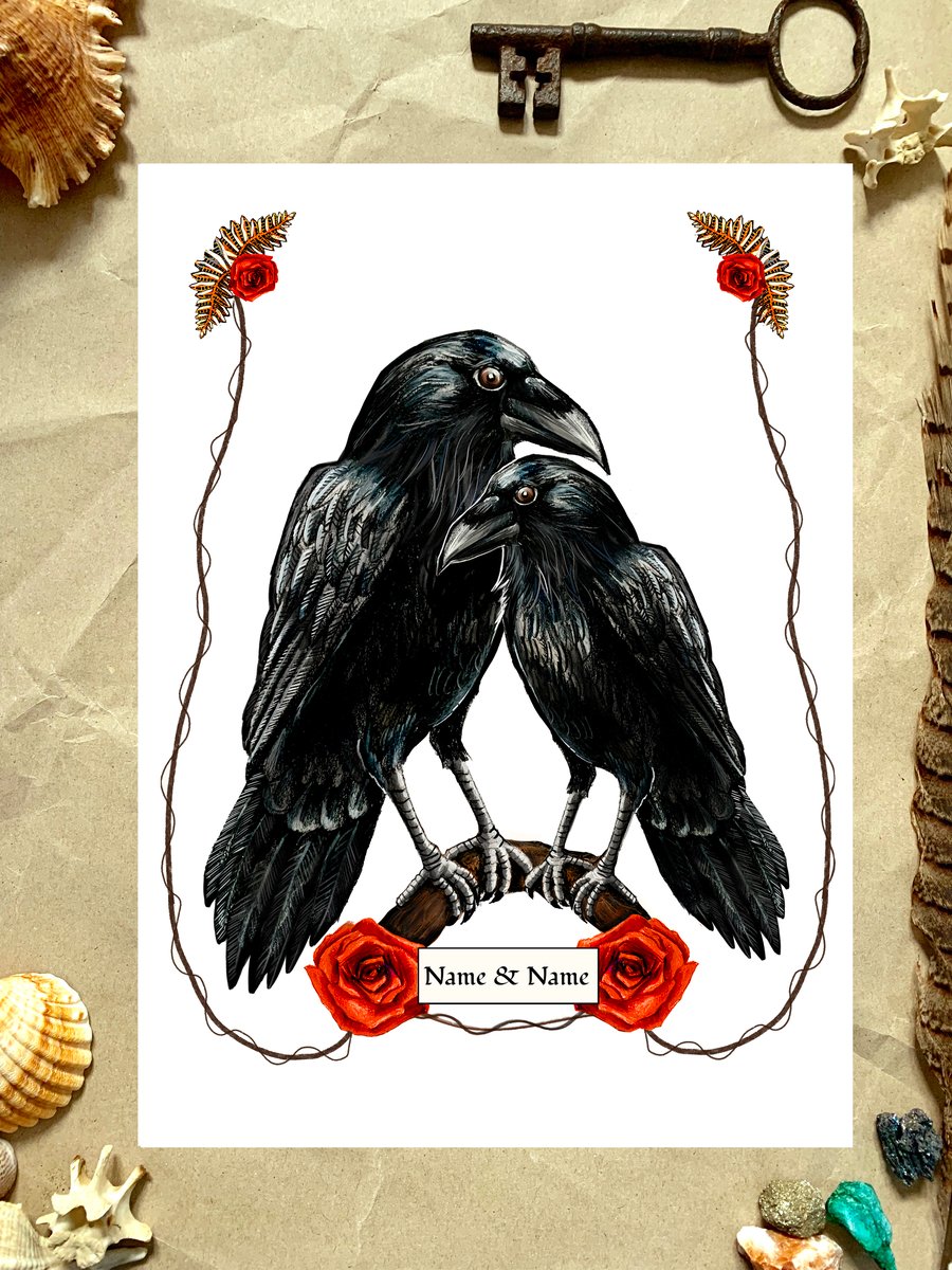 Raven Love Print - Personalised Anniversary gift, raven bird Valentine's gift