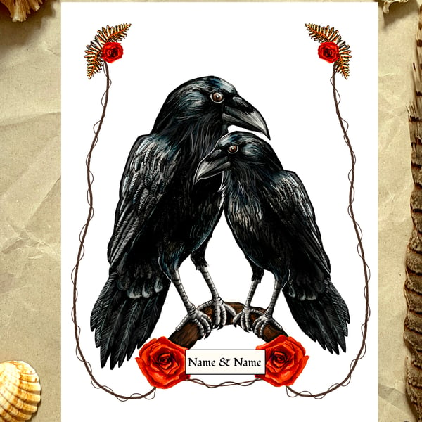 Raven Love Print - Personalised Anniversary gift, raven bird Valentine's gift