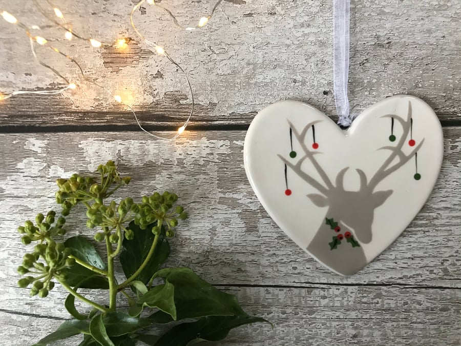 Stag with Christmas Baubles - Hand Painted Christmas Decoration