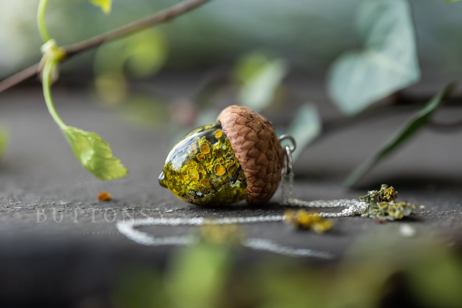 Real Lichen Acorn Necklace - Sterling Silver