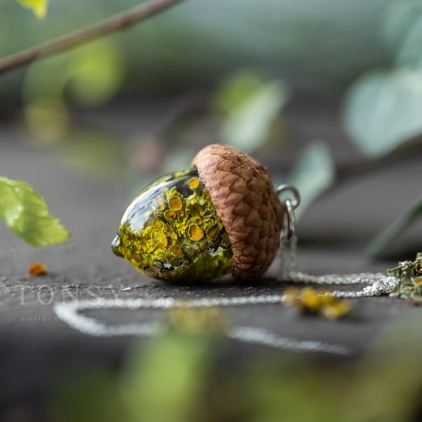 Real Lichen Acorn Necklace - Sterling Silver