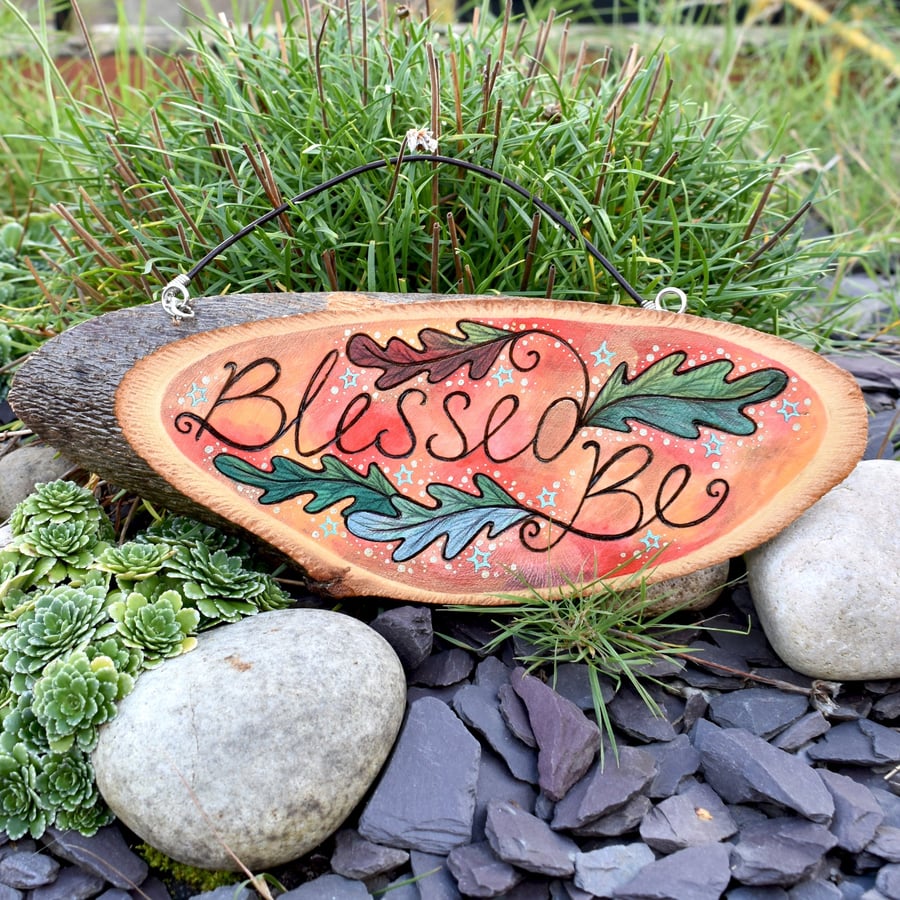 Pyrography Blessed Be hanging plaque. Sunset Oak Leaves
