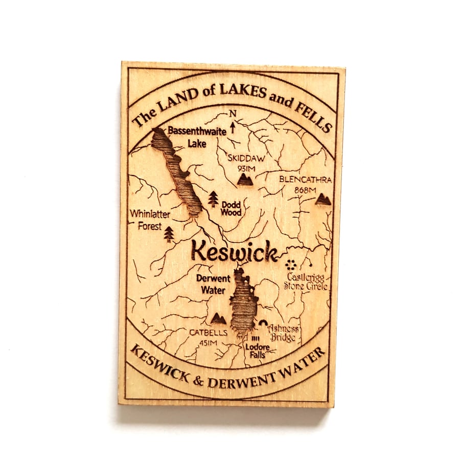 Keswick Buttermere and Derwent Water Rectangular Wooden Laser Etched Magnet